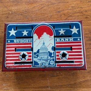 Vintage MAR toys USA “Budget Bank” capital & stars red white & blue metal bank